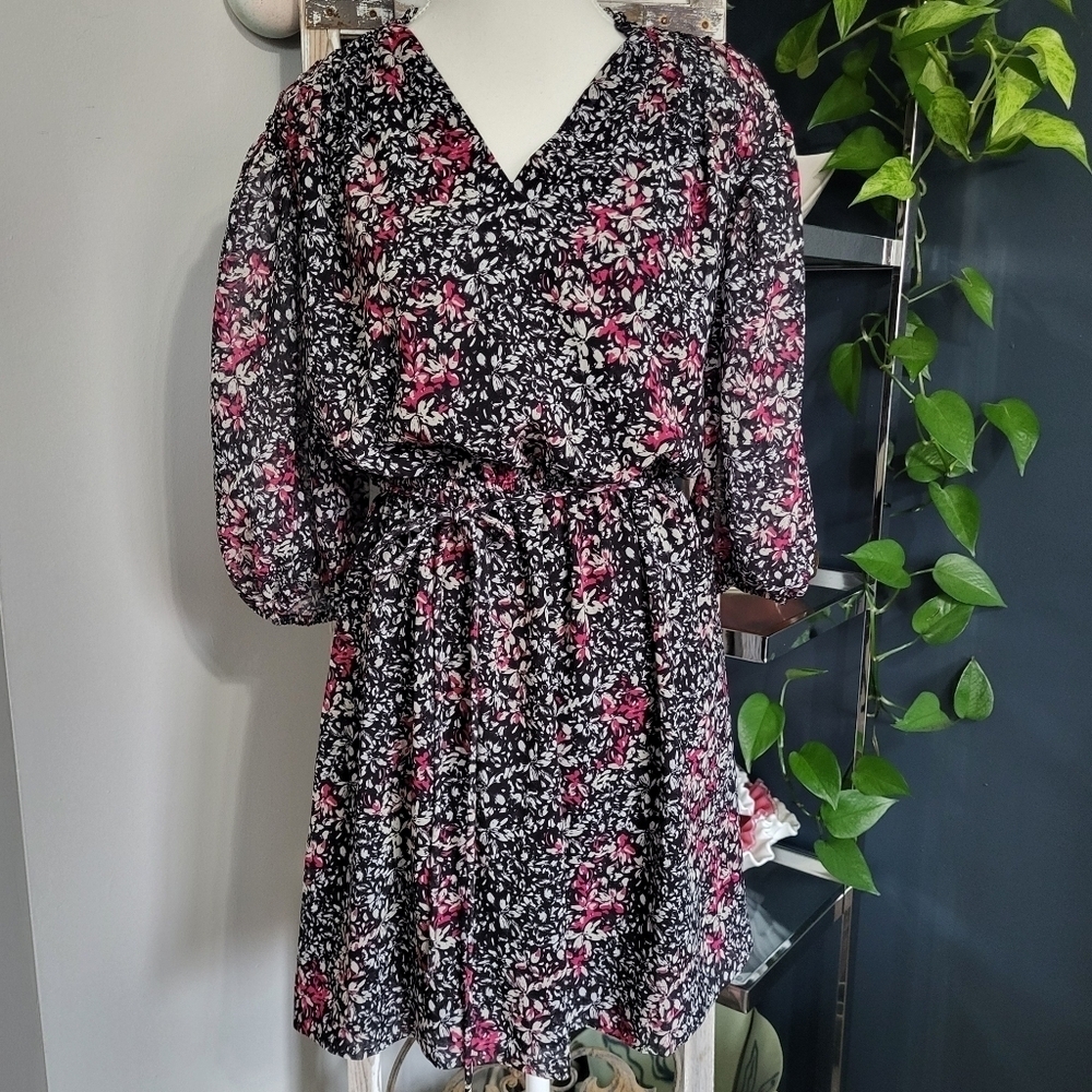 Rebecca Minkoff Blouson Dress Pink Floral With White And Black Lined XS - Picture 3 of 13